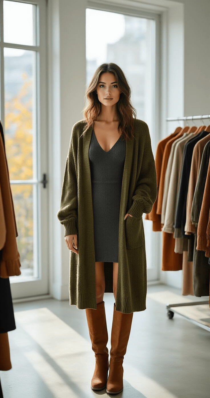 A model in a bright minimalist studio apartment styles a deep olive oversized cardigan over a fitted charcoal ribbed dress, complemented by knee-high brown suede boots, with a rack of textured fall clothing in warm autumn tones behind her.