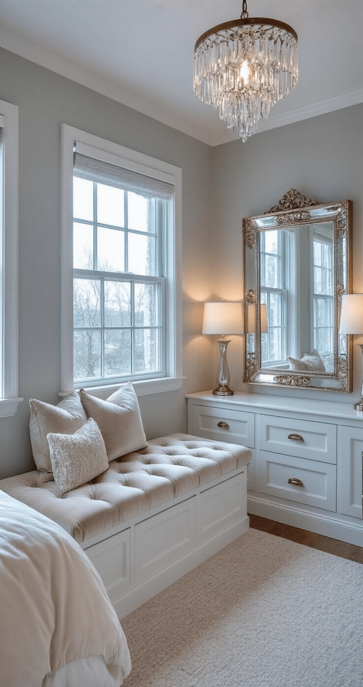 A petite 7x9ft bedroom at blue hour, featuring a vintage mirror reflecting window light on pearl-grey walls, a champagne velvet storage bench beneath the window, and layered lighting from a crystal pendant, table lamp, and hidden LED strips, all captured with a wide-angle lens from an elevated corner. The room showcases a mix of lacquered surfaces, antiqued mirrors, and plush fabrics, creating a luxe yet understated ambiance.