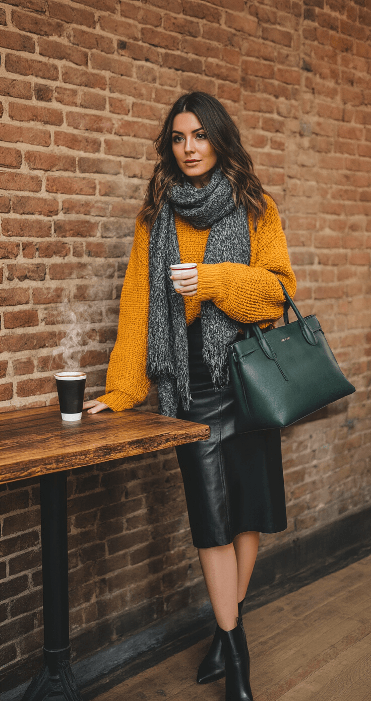 A fashion blogger in a mustard yellow sweater and black leather skirt is captured mid-movement in a cozy coffee shop corner with exposed brick walls at sunset, holding a dark green leather tote, with steam rising from her coffee cup on a rustic wooden table.