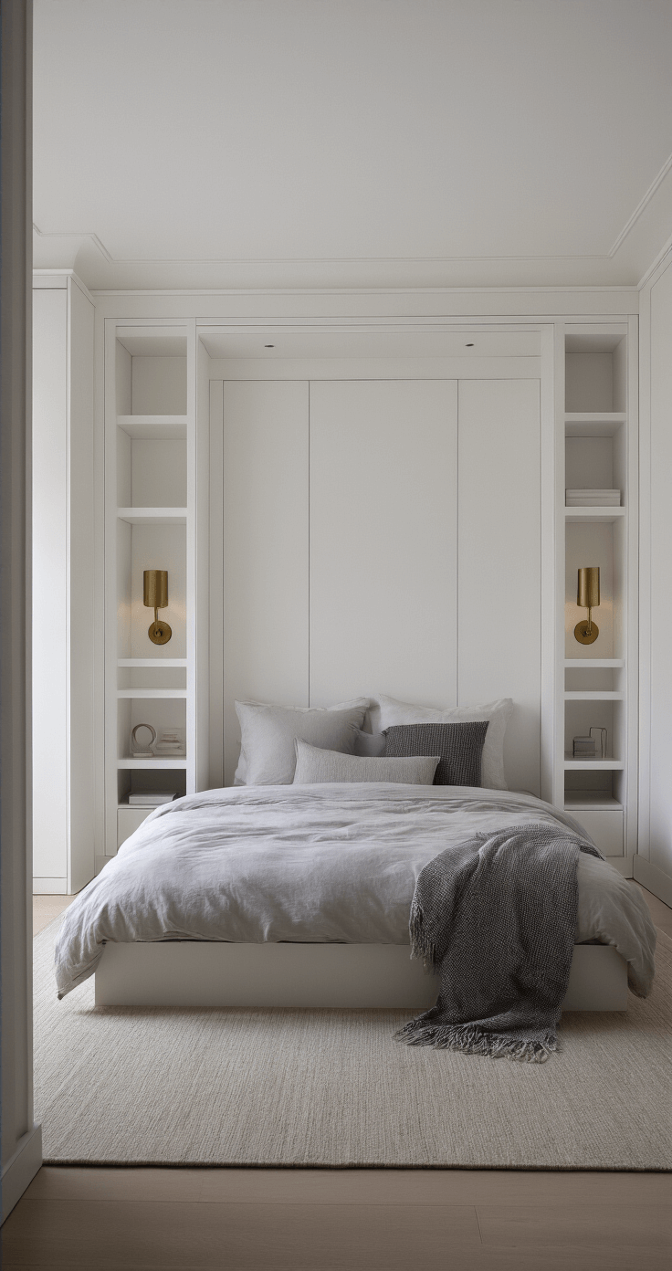 A modern 10x10ft bedroom featuring floor-to-ceiling white built-ins, a low-profile bed with integrated nightstands, and minimalist brushed brass sconces, all captured straight-on to showcase symmetry and clean lines in a warm white monochromatic palette with various textures. Natural light filters through translucent window treatments, highlighting the contemporary minimalist design with Japanese influence.