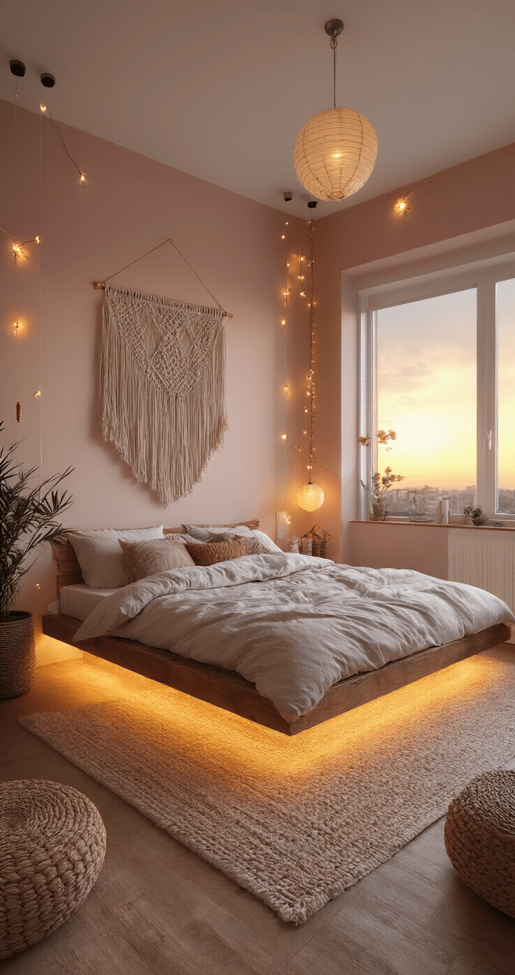 A bohemian 8x12ft bedroom at sunset features a floating bed with under-bed lighting, a macramé wall hanging on blush walls, and a cozy ambiance created by string lights, paper lanterns, and candles, with mixed copper and gold metals adding warmth.