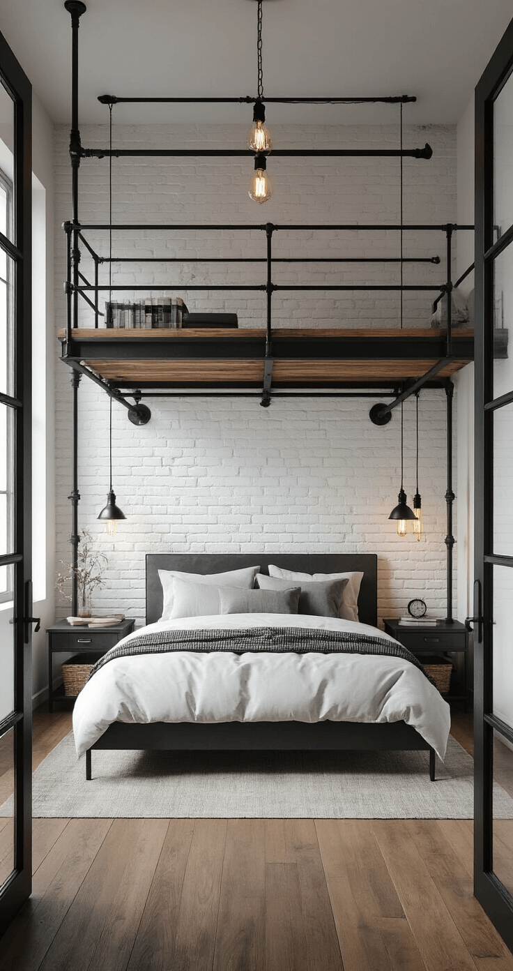 A stylish industrial-chic bedroom featuring an exposed white-painted brick accent wall behind a platform bed, black steel pipe shelving, and warm wood accents, all illuminated by morning light and mixed lighting fixtures.