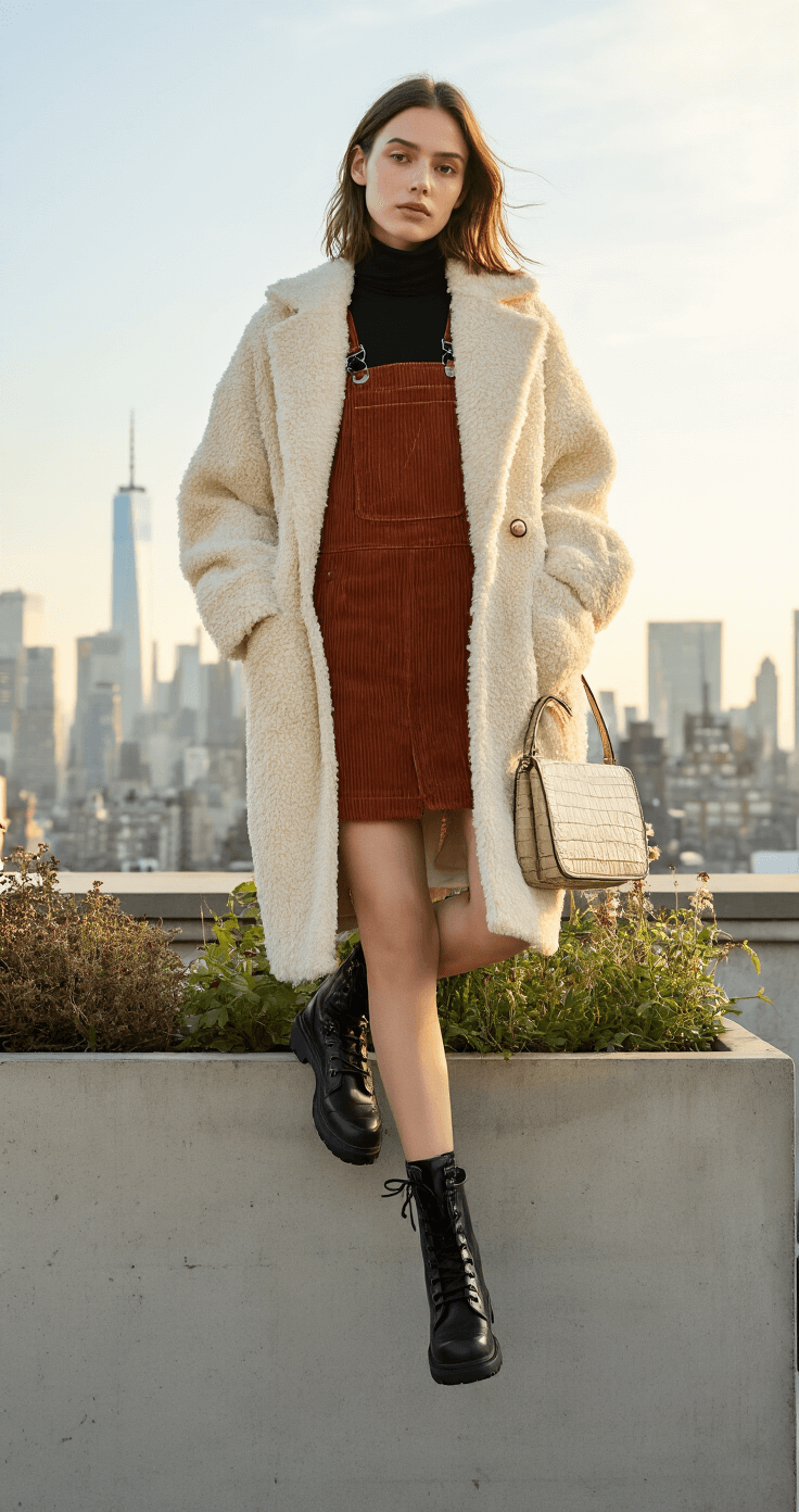 A model sits on a concrete planter in an urban rooftop garden during late afternoon, dressed in a black turtleneck and a deep rust corduroy pinafore dress, layered with an oversized cream wool coat. She wears black leather combat boots and carries a mini croc-embossed bag, with a city skyline visible in the background and a subtle sun flare enhancing the natural lighting.