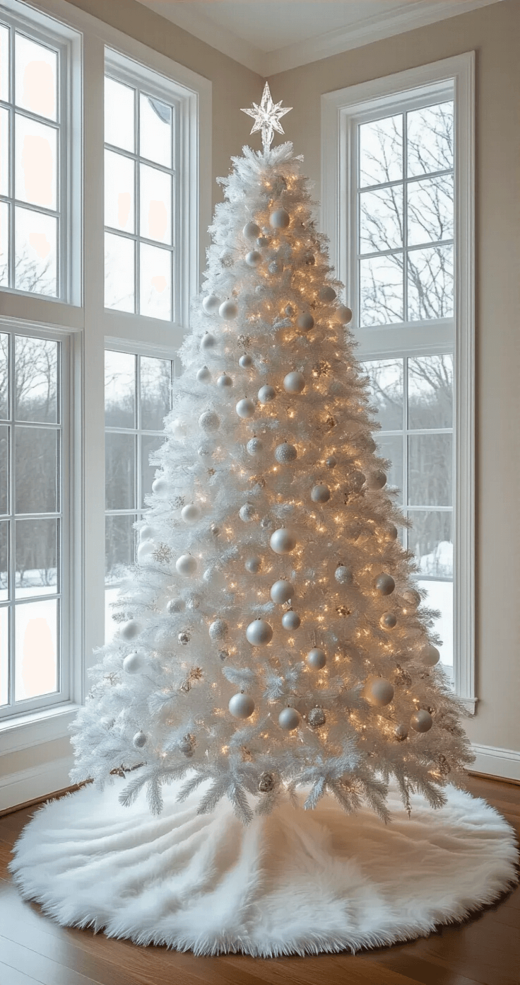 A grand 12-foot white flocked Christmas tree in a two-story living room, adorned with pearl and diamond ornaments, surrounded by shimmering icicles, illuminated by soft winter light through tall windows, creating a luxurious and serene atmosphere.