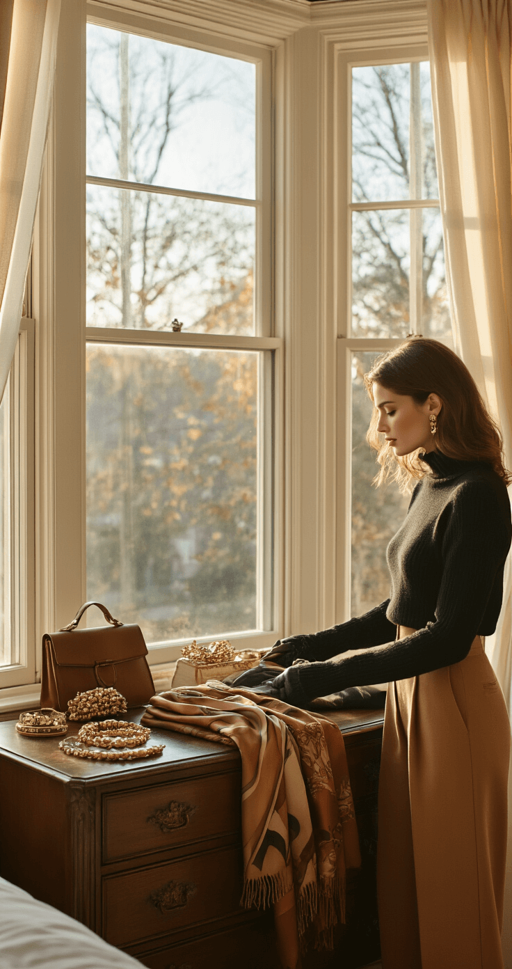 A fashion editor in a vintage-inspired bedroom arranges her fall wardrobe beside a large bay window, bathed in early morning light. She wears high-waisted wide-leg camel trousers and a fitted black cashmere sweater, surrounded by autumn accessories like silk scarves, leather gloves, and gold jewelry on an antique dresser, with soft, dreamy lighting filtering through sheer curtains.