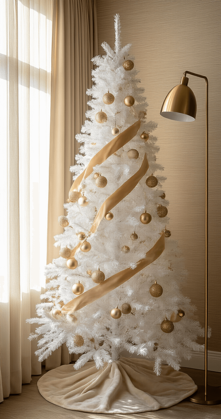 A sophisticated intimate corner featuring a 7-foot slim white Christmas tree decorated in metallic golds and champagne tones, illuminated by warm afternoon light streaming through sheer curtains, with a modern brass floor lamp enhancing the ambiance.