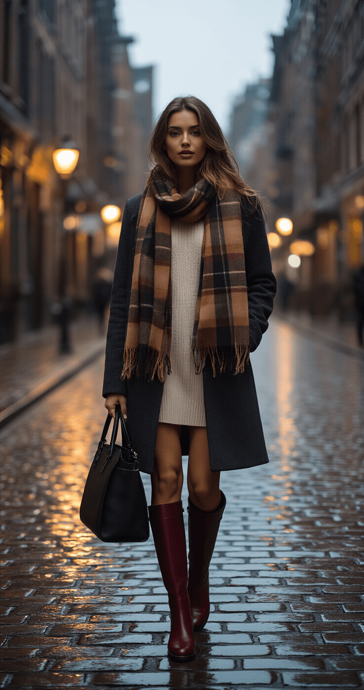 A model captured in motion on a rain-slicked cobblestone street at dusk, wearing a charcoal gray wool coat, cream sweater dress, and burgundy knee-high leather boots, wrapped in a warm earth-toned plaid scarf and carrying a structured black leather handbag, with streetlights reflecting off the wet pavement in a moody, atmospheric setting.