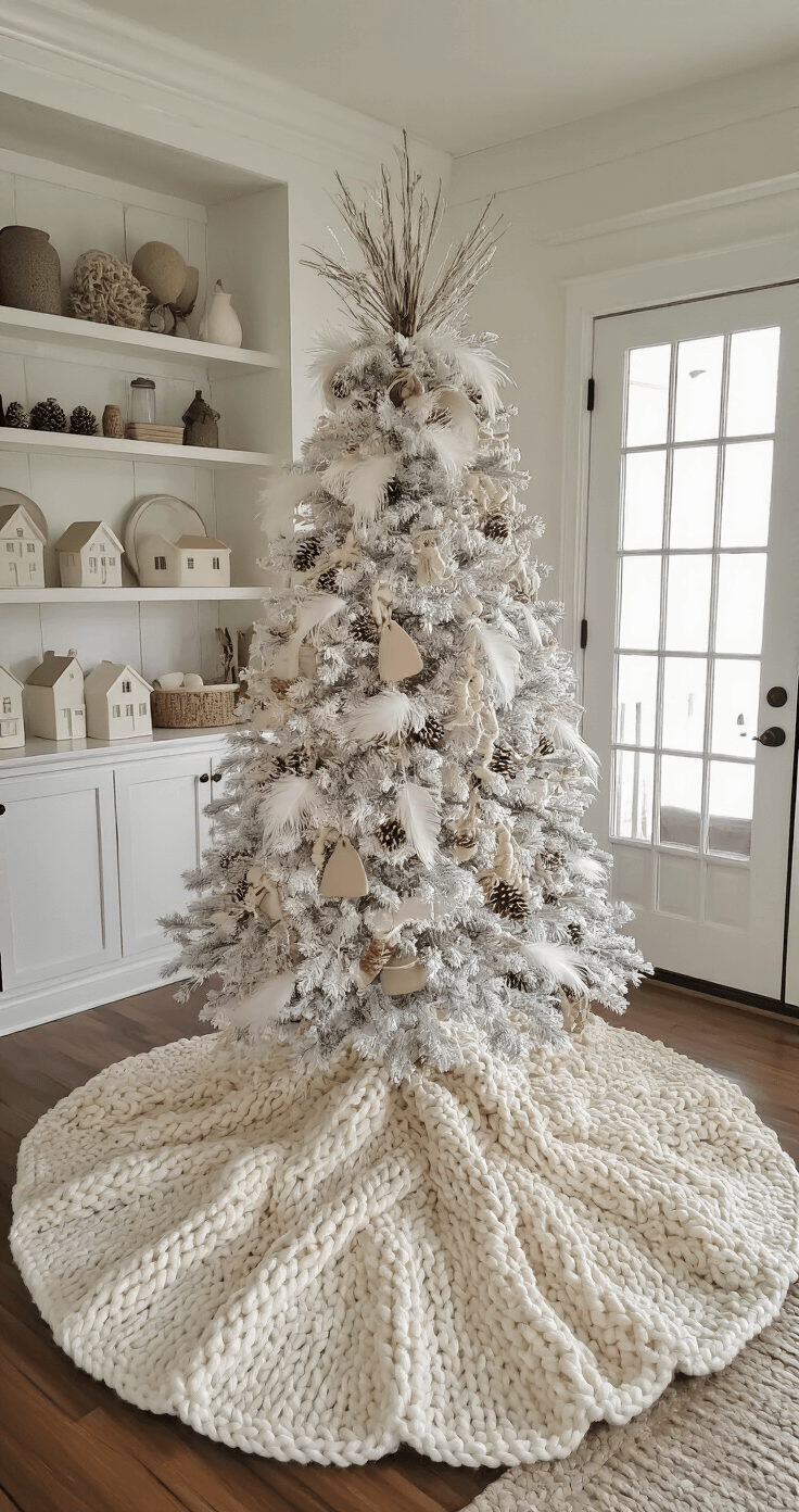 A cozy modern farmhouse great room featuring a 9-foot white Christmas tree adorned with woodland-inspired decorations, situated between built-in shelves, with morning light streaming through French doors. A chunky knit ivory tree skirt and vintage cream ceramic houses enhance the rustic elegant atmosphere.