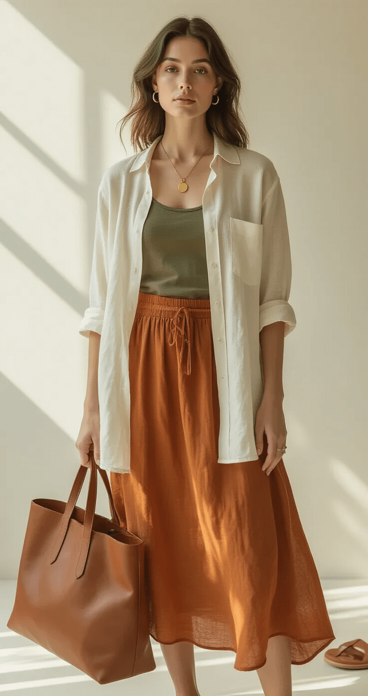 A minimalist white studio space illuminated by soft morning light, featuring a cream linen shirt over an olive tank top and a flowing terra cotta midi skirt. Gold-toned minimal jewelry and a structured brown leather tote with leather slides complete the lifestyle scene.