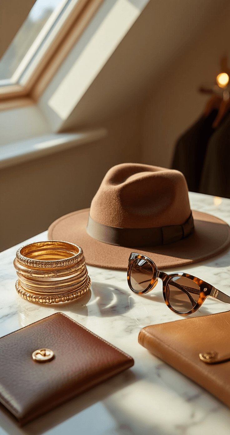 Close-up of layered fall accessories including gold bangles, a chocolate brown fedora, tortoiseshell sunglasses, and a leather wallet on a marble counter, illuminated by warm ambient lighting and natural light from a skylight.