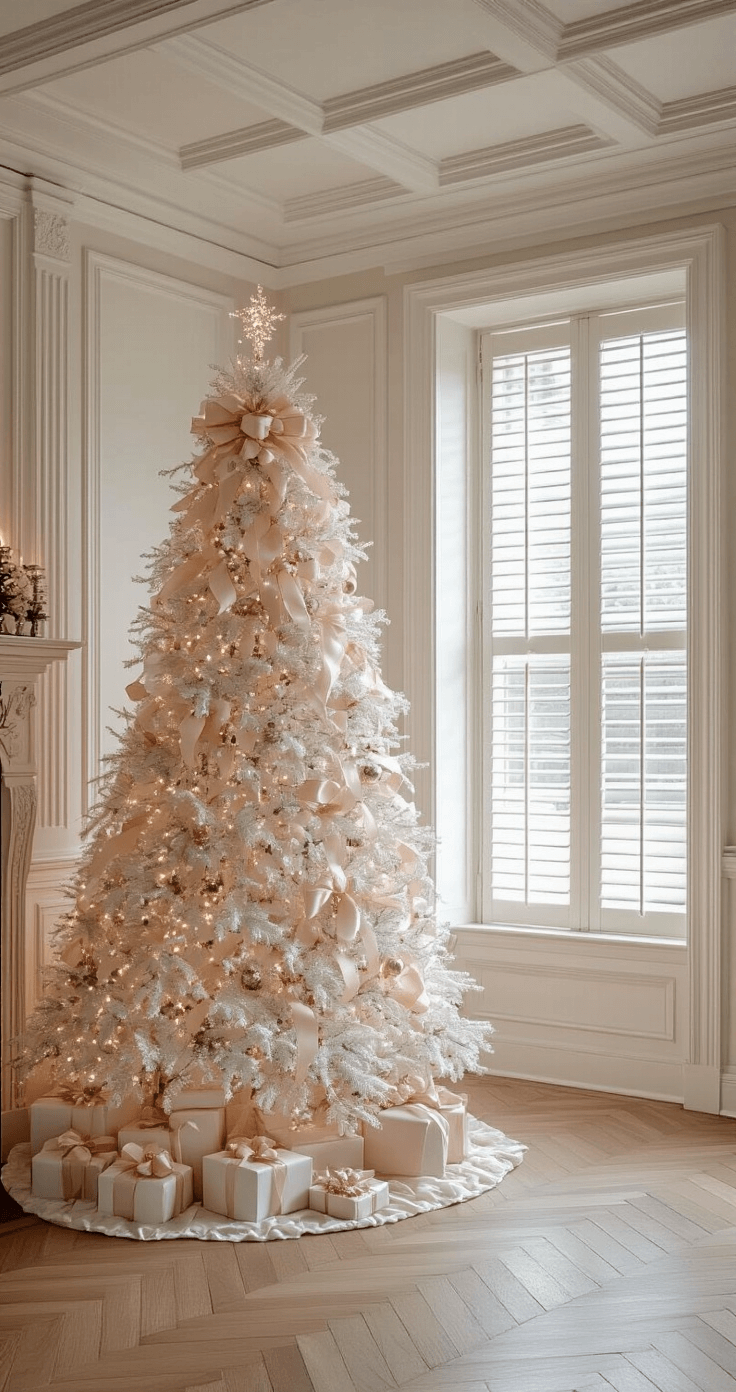A luxurious formal living room with coffered ceilings and herringbone floors, featuring a 10-foot white Christmas tree adorned with blush pink, pearl white, and rose gold ornaments and handtied silk ribbon bows. Golden hour light filters through plantation shutters, highlighting crystal beaded garlands. A low camera angle showcases the ceiling height and creates a romantic atmosphere.