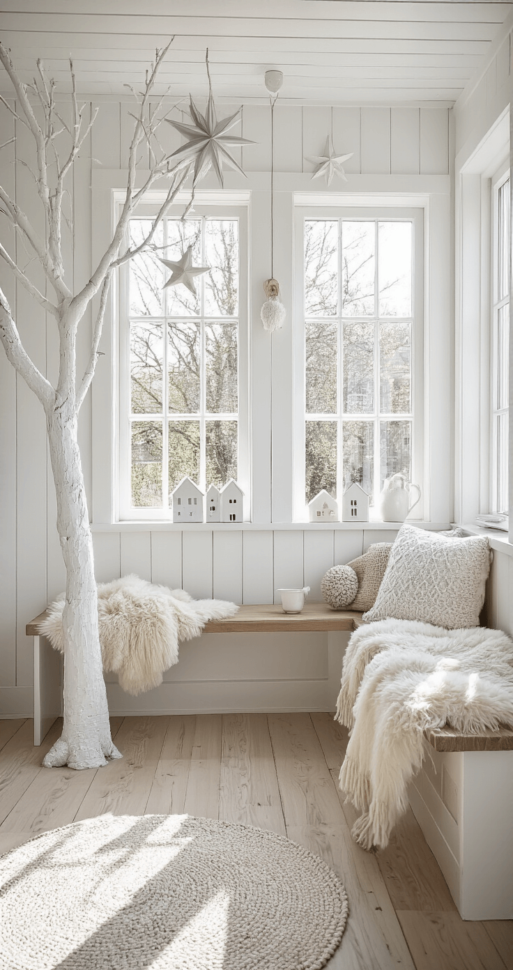 A bright Scandinavian-inspired breakfast nook featuring a white tree against a shiplap wall, bay windows letting in morning light, and an all-white decor scheme with paper stars, wool pompoms, and ceramic houses, complemented by natural wood elements and sheepskin throws on the bench seating, creating a cozy hygge atmosphere.