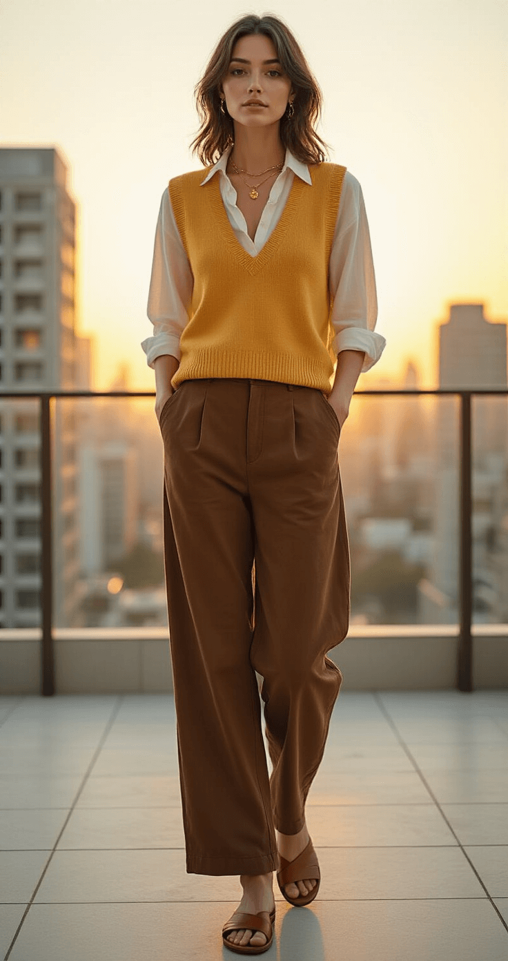 A model in a golden yellow sweater vest over a white linen shirt and chocolate brown palazzo pants poses on a modern apartment balcony during sunset, with city views in the background. The warm evening light casts a honey-toned glow, highlighting minimal gold jewelry and leather slide sandals. The shot is taken from a slightly below eye level using a 35mm lens, featuring dramatic natural backlighting.