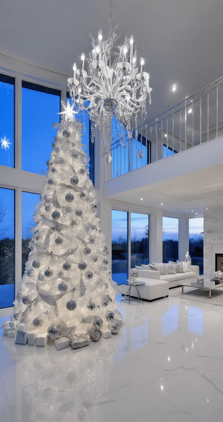 A modern open concept great room featuring a 12-foot white tree adorned with oversized mercury glass ornaments, crystal drops, and metallic ribbon, with twilight blue light filtering through large windows, white marble floors, and dramatic architectural lighting, all viewed from a second-floor overlook.
