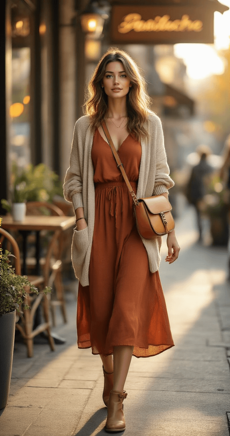 A model in a rust-colored midi dress and oatmeal cardigan poses mid-movement on a rustic-modern coffee shop patio, captured during golden hour with warm light highlighting her accessories, including a camel crossbody bag and tortoiseshell hair clip, against a softly blurred background.
