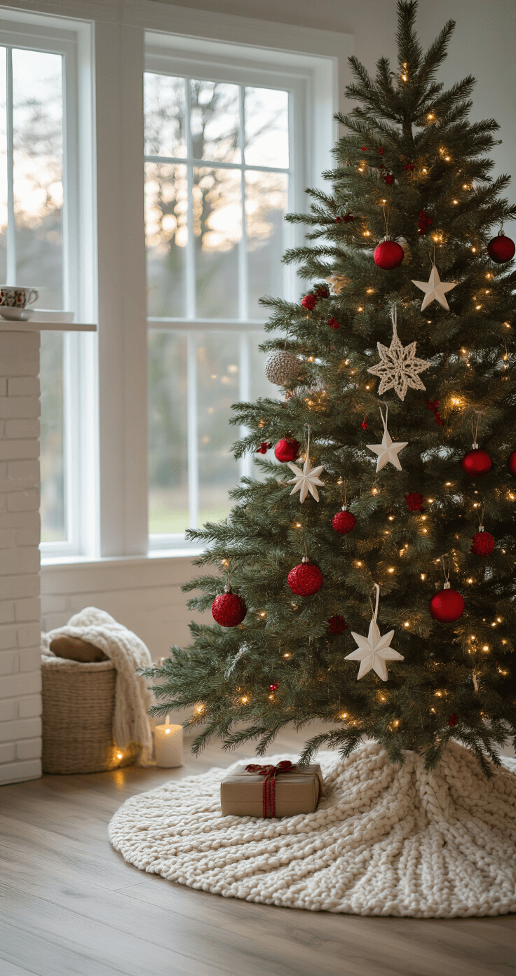 Cozy Nordic-inspired living room featuring a white-painted brick fireplace, a flocked Christmas tree adorned with matte red ornaments and wooden stars, and a chunky cream wool tree skirt, illuminated by soft fill lighting for a warm hygge atmosphere.