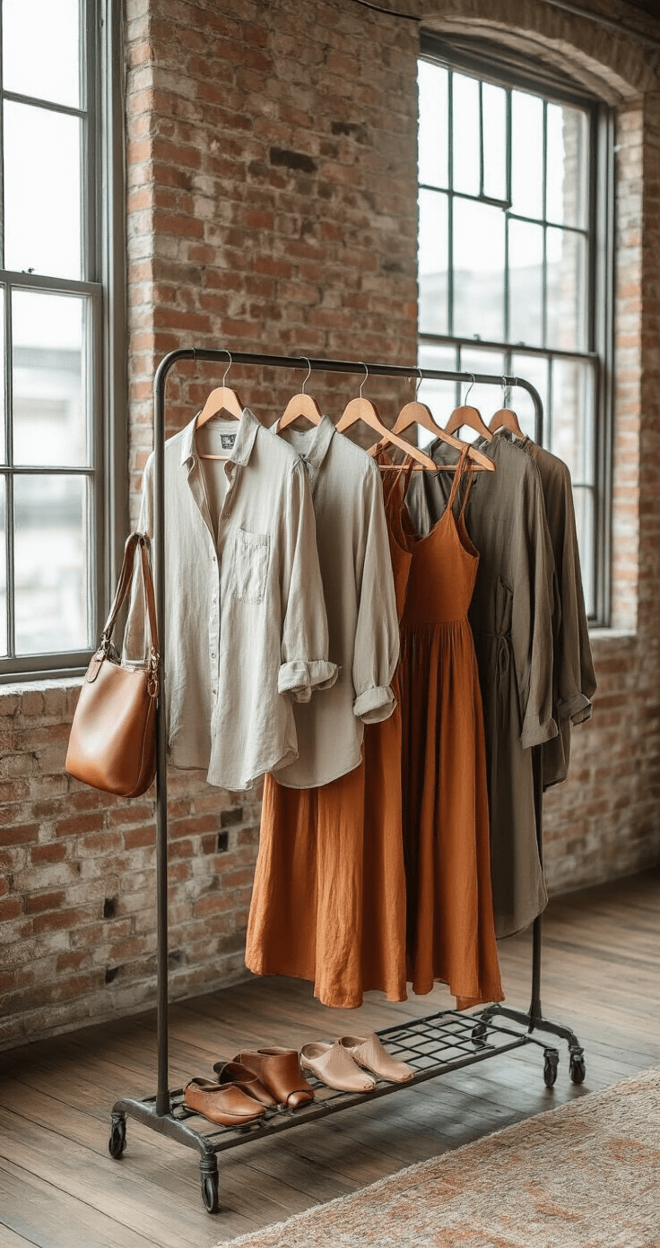 Industrial-chic loft with exposed brick walls featuring an editorial styling scene; an open clothing rack displays curated fall pieces in earth tones, including linen shirts, cotton tanks, and flowing skirts in rust, olive, and caramel. Nearby, leather accessories and gold jewelry are elegantly arranged, bathed in soft diffused natural light from large windows, captured in a wide-angle shot.