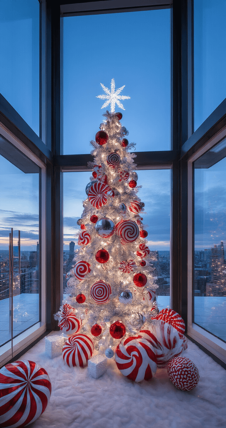 Modern open-concept space with floor-to-ceiling windows showcases a peppermint wonderland theme, featuring a 9ft slim tree adorned with oversized red and white swirl ornaments, crystalline snowflakes, and spiral ribbon work, enhanced by chrome and glass accents. The twilight blue hour creates a dramatic backdrop, while multiple light sources add depth to the contemporary glamorous ambiance with playful undertones.