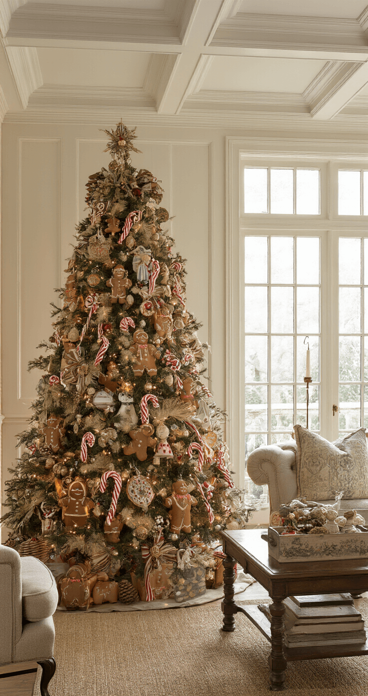 A traditional formal living room featuring a coffered ceiling and wainscoting, illuminated by late afternoon natural light and warm artificial lighting. A 7.5ft vintage-themed holiday tree adorned with antique glass ornaments, gingerbread figures, and candy cane collections stands elegantly, topped with a cherished heirloom tree topper. The scene is viewed from a seated eye-level perspective, with soft key lighting accentuating the intricate details of the ornaments, evoking a mood of nostalgic elegance.