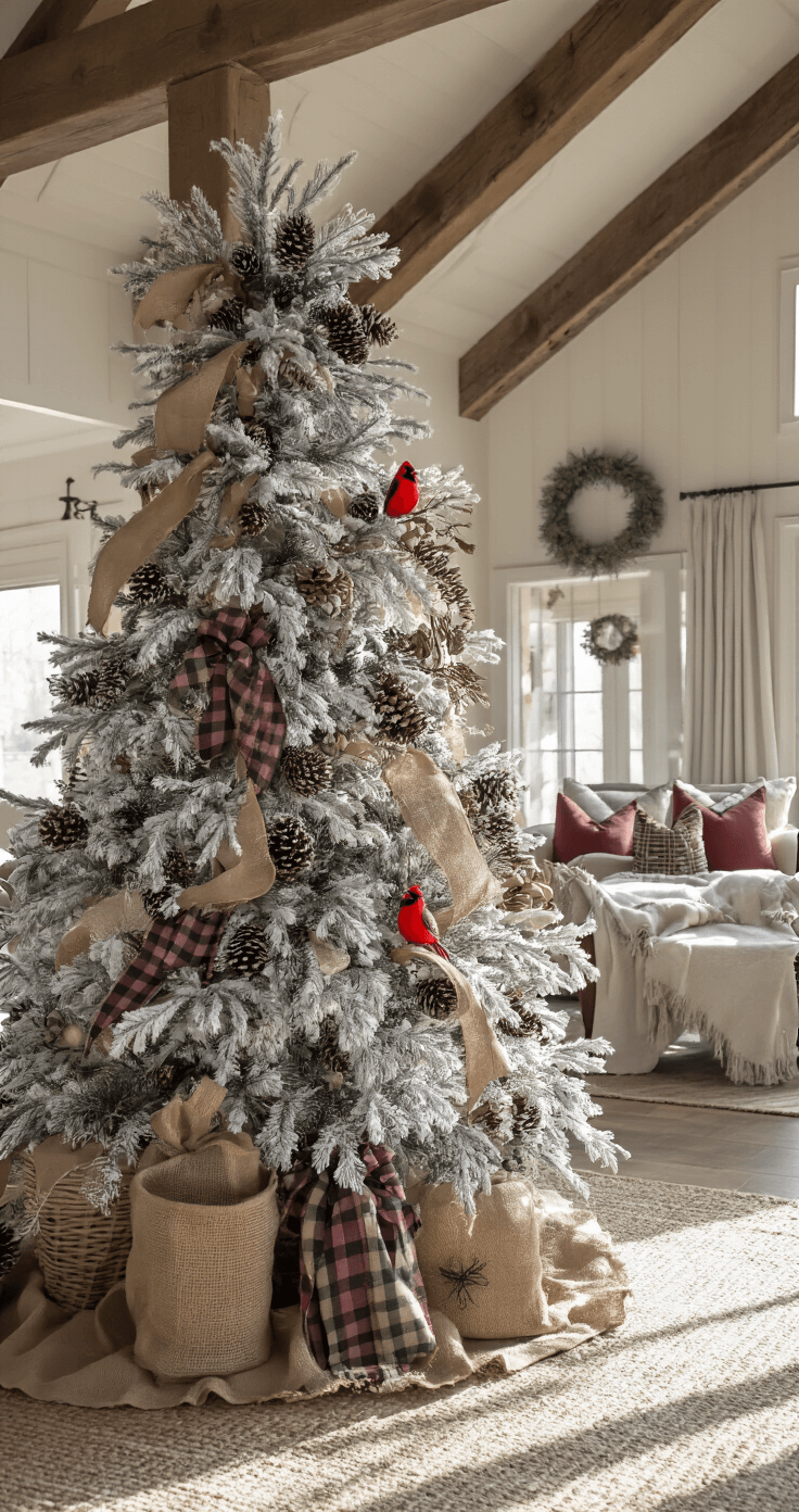 A wide shot of a farmhouse-style great room featuring exposed beams and morning light casting crisp shadows. An 8ft tree adorned with snowy woodland decorations, including white-dusted pinecones, red cardinal ornaments, and rustic wooden accents, stands proudly. Burlap and plaid ribbons add texture to the scene, highlighting the rustic charm and refined country mood of the room.