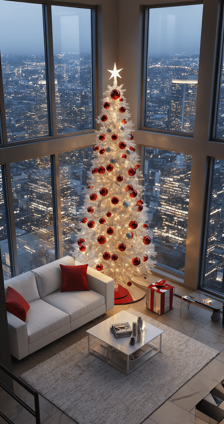 Contemporary living room in a 14x12ft apartment featuring urban night views with twinkling city lights, a 6.5ft pencil tree adorned with modern metallic red and white ornaments and LED lights, geometric patterns throughout, and dramatic side lighting casting shadows, capturing a mood of metropolitan sophistication.