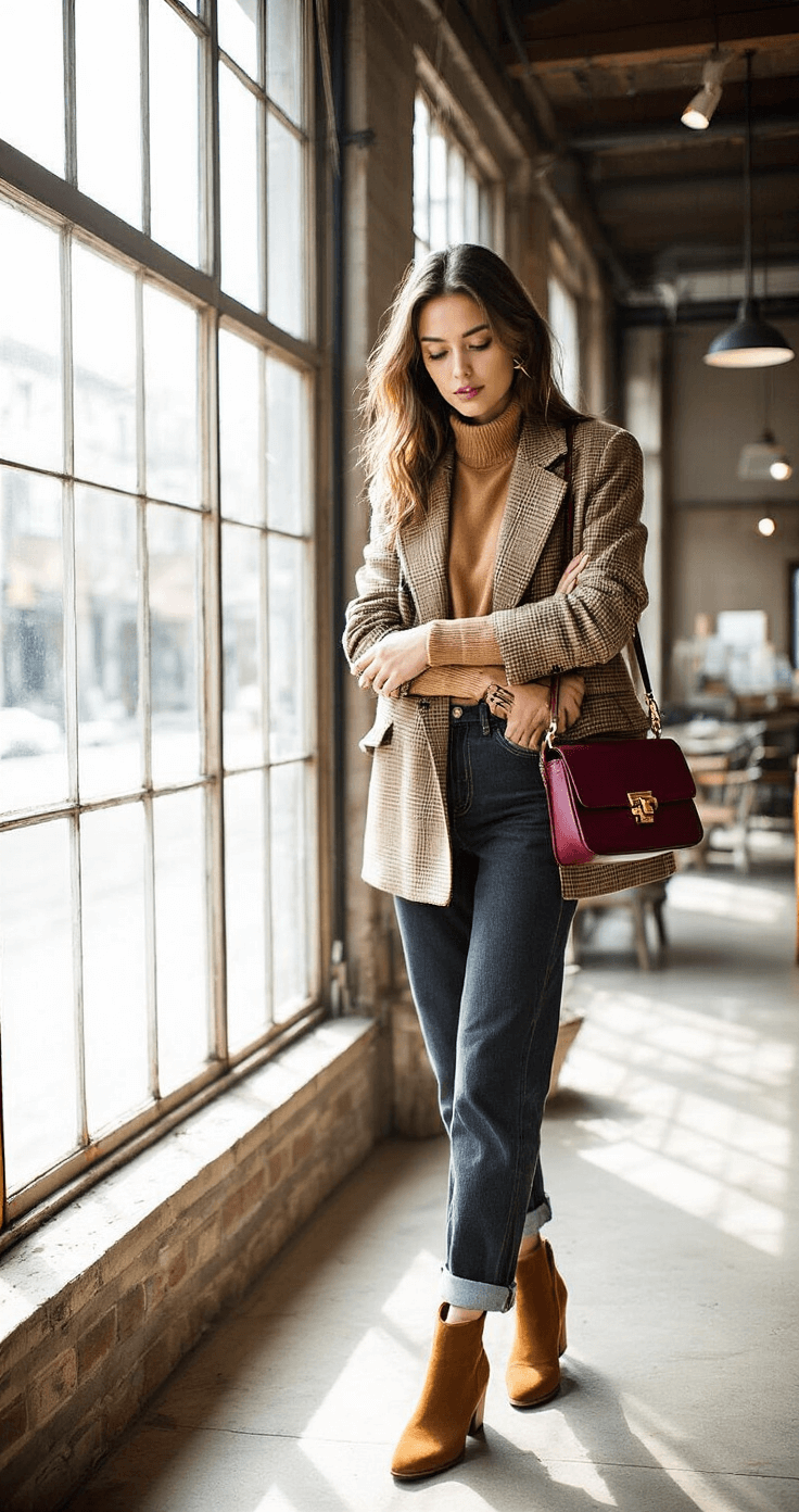 A model in a camel cashmere sweater and oversized check blazer adjusts her sleeve in a rustic-modern cafe with industrial windows, morning light illuminating the space. She pairs high-waisted dark wash jeans with a gold-detailed burgundy crossbody bag and suede ankle boots, capturing a candid fashion moment.