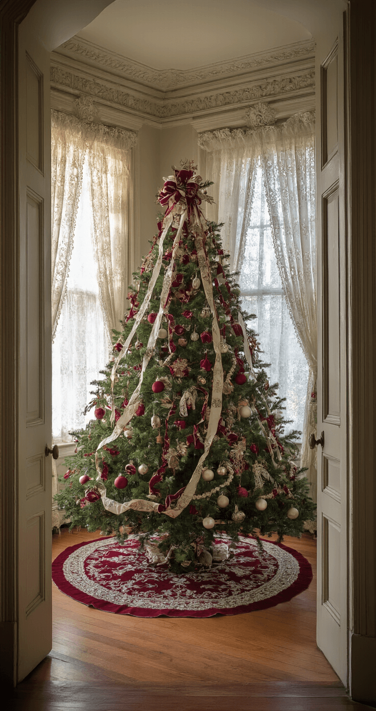 A Victorian parlor adorned with ornate moldings, illuminated by soft morning light through lace curtains, featuring an 8.5ft Christmas tree decorated with family heirlooms, hand-blown glass ornaments, and deep red and pearl white ribbons, all resting on a vintage metallic embroidered tree skirt, captured from the doorway to highlight the room's grandeur and timeless elegance.