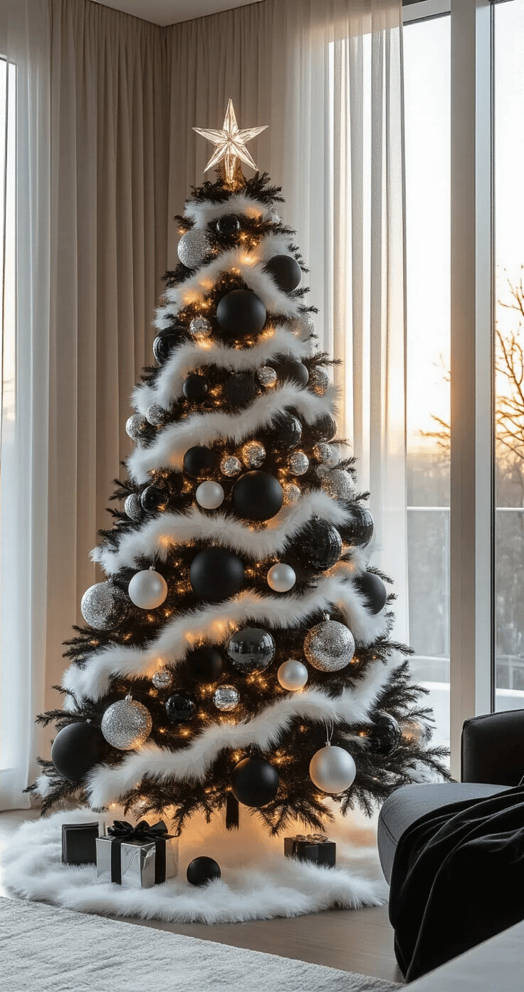 A modern living room with a 12-foot black and white Christmas tree, adorned with oversized geometric baubles and plush ribbons, illuminated by golden hour sunlight filtering through sheer curtains.