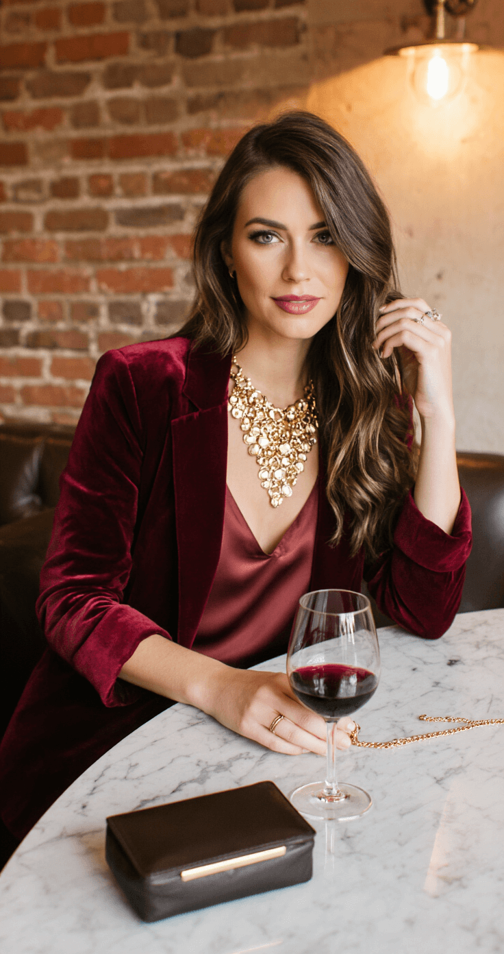 Close-up of an intimate wine bar setting featuring exposed brick and ambient lighting. A layered outfit showcases a burgundy velvet blazer over a silk camisole, complemented by leather pants and a gold statement necklace. A glass of red wine and a small clutch rest on a marble table, while the model displays glossy waves and luminous skin in a lifestyle fashion editorial style shot.