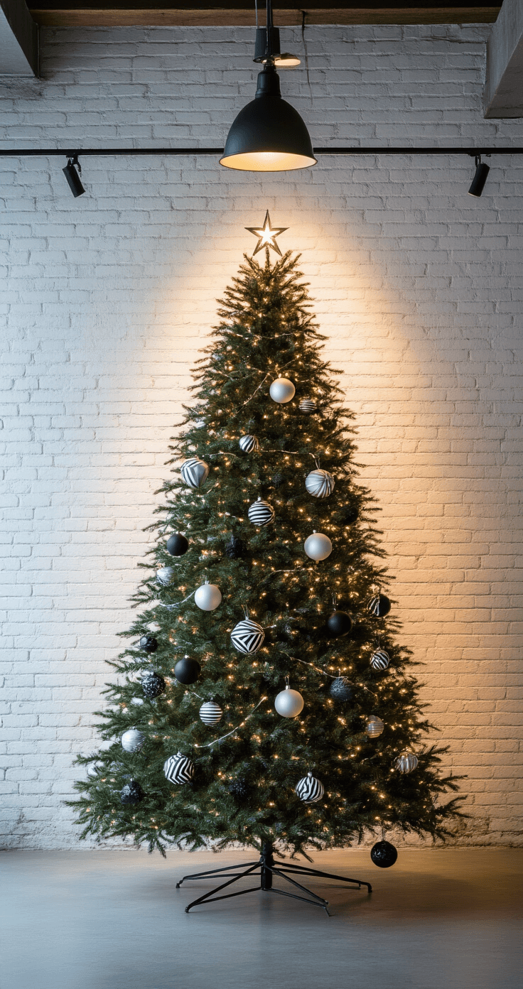 A minimalist industrial loft decorated for Christmas, featuring a slim Christmas tree against whitewashed brick walls, dramatic uplighting casting shadows, and sparse large black and white geometric ornaments, with silver wire garland, captured from a low angle with bokeh industrial pendant lights in the background.