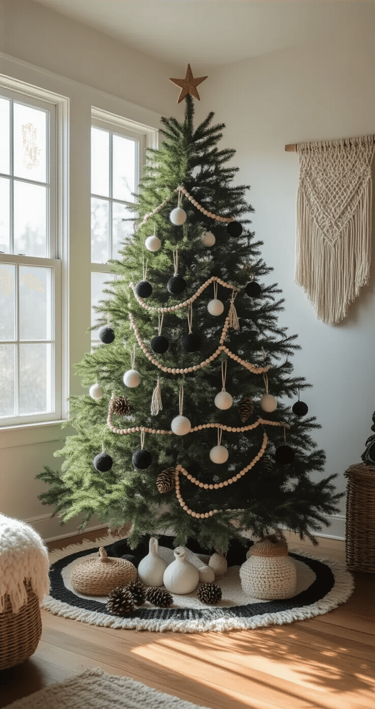 A bohemian living space featuring a 7-foot Christmas tree adorned with handcrafted black and white felt ornaments, natural fiber decorations, and woven ribbons, all highlighted by soft morning light filtering through eastern windows.