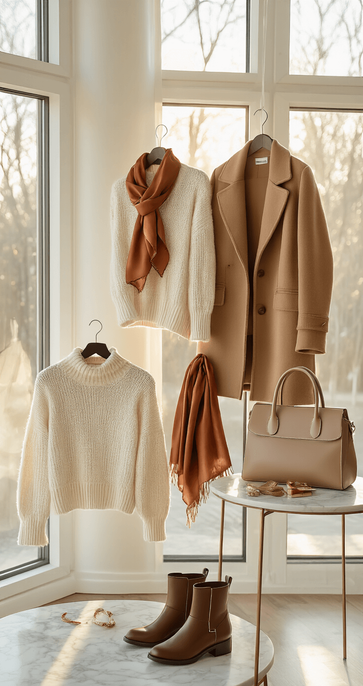 A cozy home studio with golden morning light illuminating a flat lay of a winter capsule wardrobe, featuring a cream cashmere sweater, camel wool coat, and chocolate brown leather boots, alongside a marble table with rust-toned silk scarf, gold jewelry, and a beige handbag, all arranged in warm neutral tones.