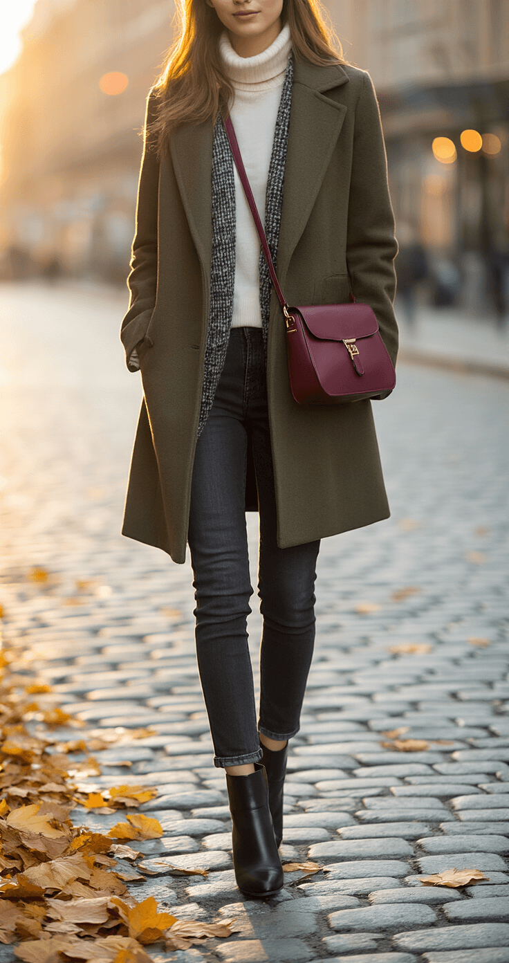 Young woman crossing a cobblestone street at sunset, dressed in layers including an ivory turtleneck, chunky charcoal sweater, and olive green wool coat, paired with black ankle boots and skinny jeans, carrying a burgundy crossbody bag; warm autumn leaves on the sidewalk and soft bokeh from city lights create a seasonal atmosphere.