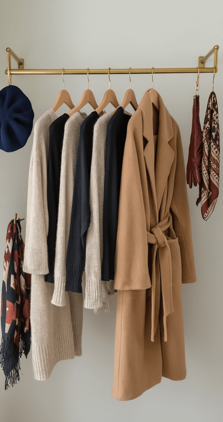 Close-up of a stylish minimalist walk-in closet showcasing layered winter outfits on wooden hangers, including a thin black thermal top, oatmeal cashmere cardigan, and camel wrap coat. Accessories displayed on brass hooks feature navy and burgundy berets, geometric print silk scarves, and leather gloves, illuminated by soft mid-morning light.