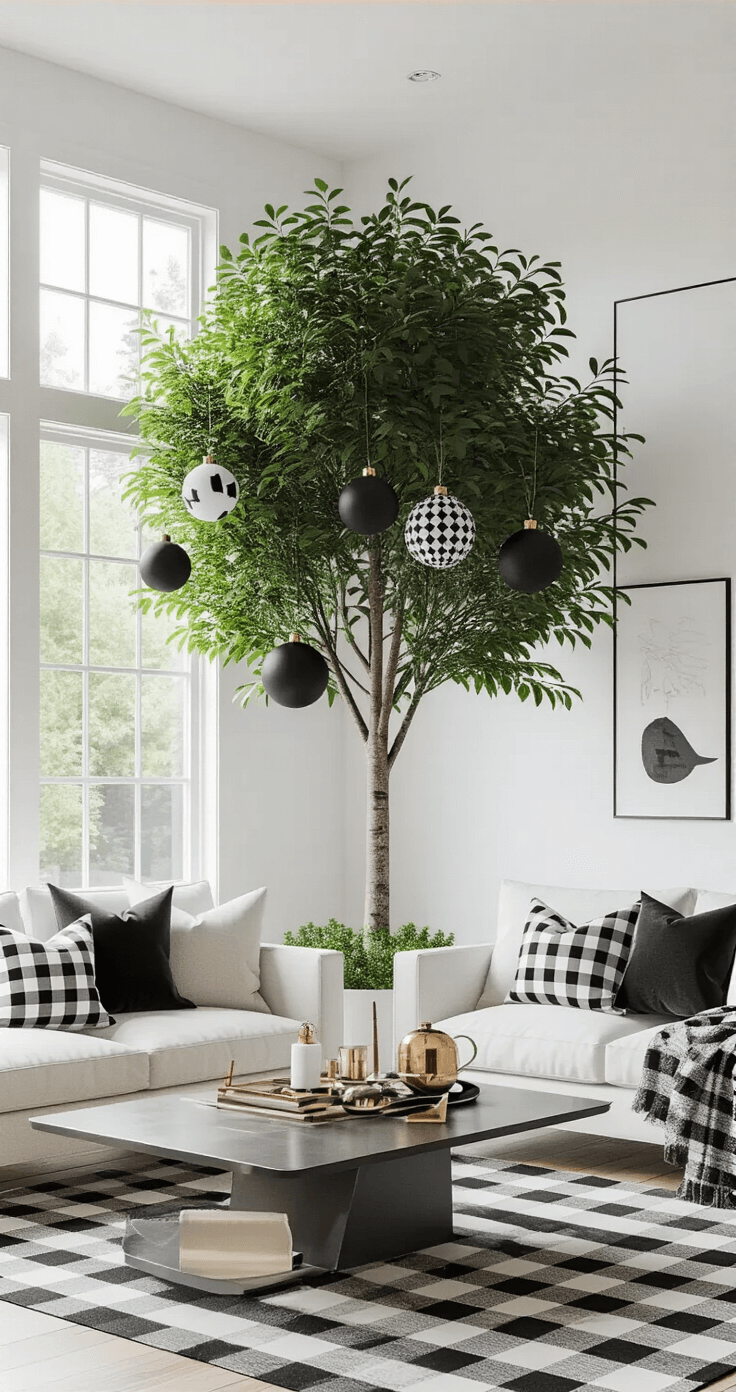A spacious contemporary great room features an 8-foot tree adorned with bold buffalo plaid ribbons and oversized black and white ornaments, surrounded by modern furnishings against clean white walls, highlighted by metallic gold accents and varying textures, all illuminated by bright midday lighting.