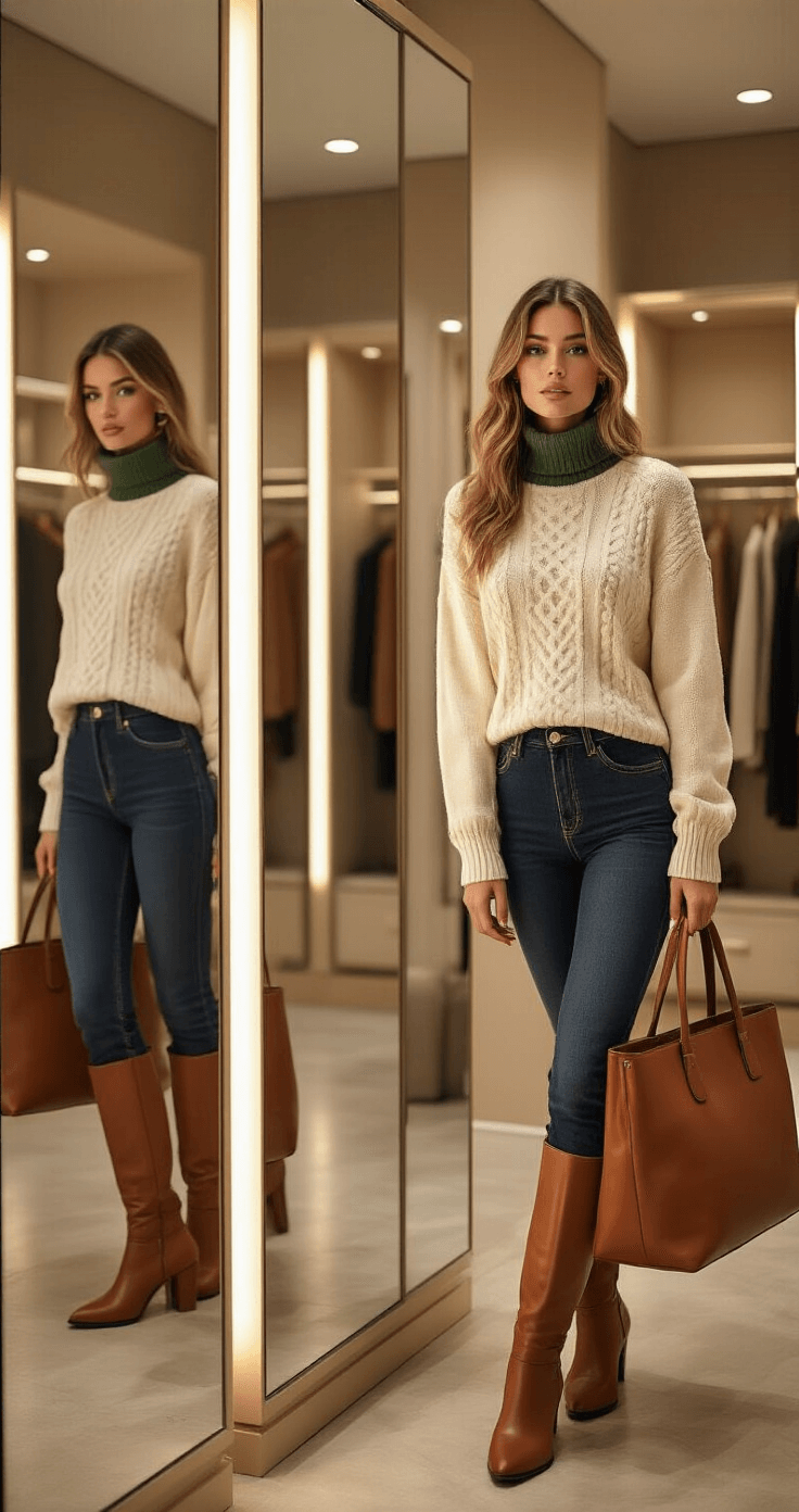 A model in a boutique fitting room is trying on a smart casual winter outfit featuring a forest green turtleneck under a cream cable-knit sweater, paired with high-waisted dark denim. Cognac leather knee-high boots and a matching structured tote are visible in the mirror reflection. The ambiance is warm, with multiple mirror perspectives showcasing the outfit's proportions.