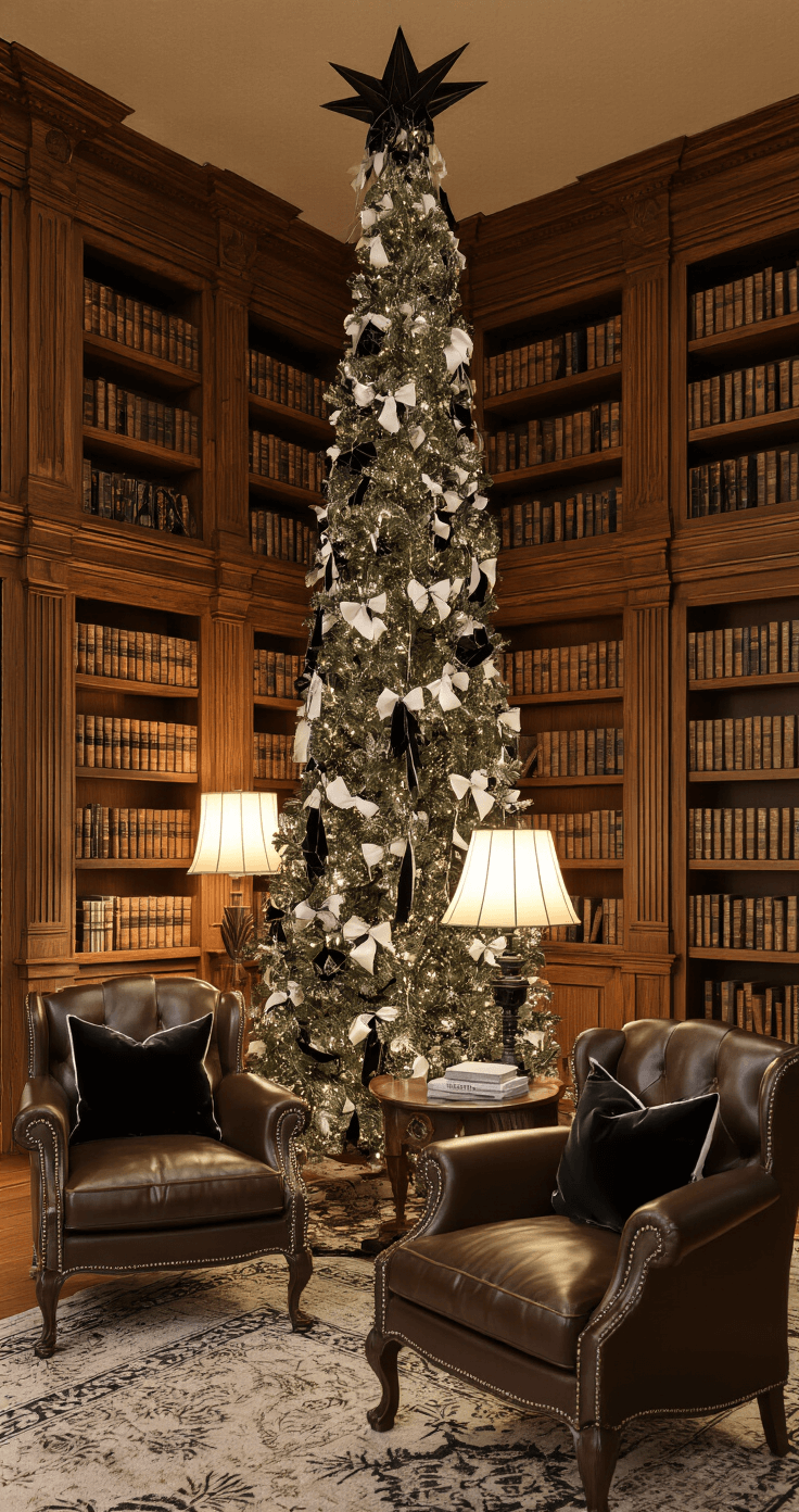 A cozy evening scene in a wood-paneled library featuring a 9-foot Christmas tree adorned with black velvet and white satin ribbons, Victorian-inspired and modern ornaments, illuminated by warm lamp light; antique books and leather chairs are visible in the background, captured with a moody ambient effect.