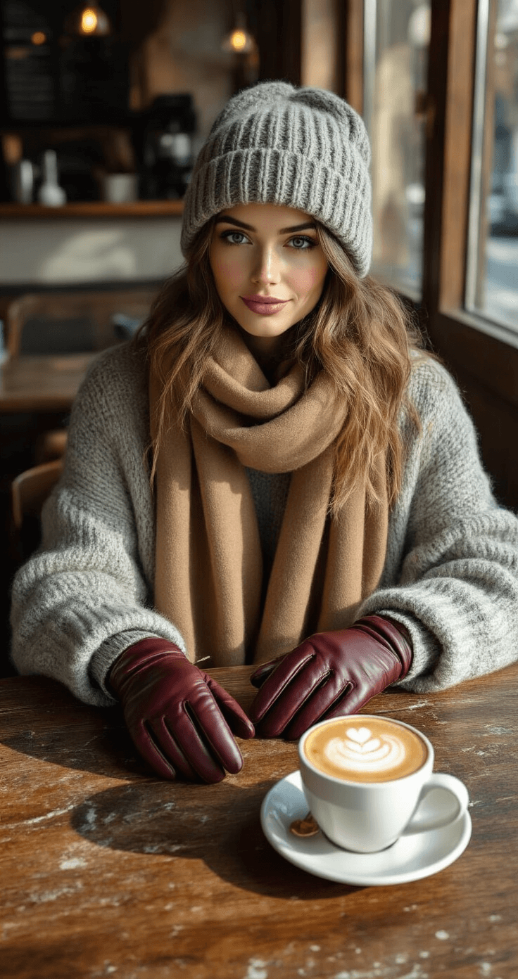 Cozy coffee shop corner with warm afternoon light highlighting a fashion blogger styling winter accessories on a rustic wooden table, featuring a chunky knit heather gray beanie, a soft camel cashmere scarf, rich burgundy leather gloves, and delicate gold-toned jewelry, with a cappuccino cup on a marble surface.