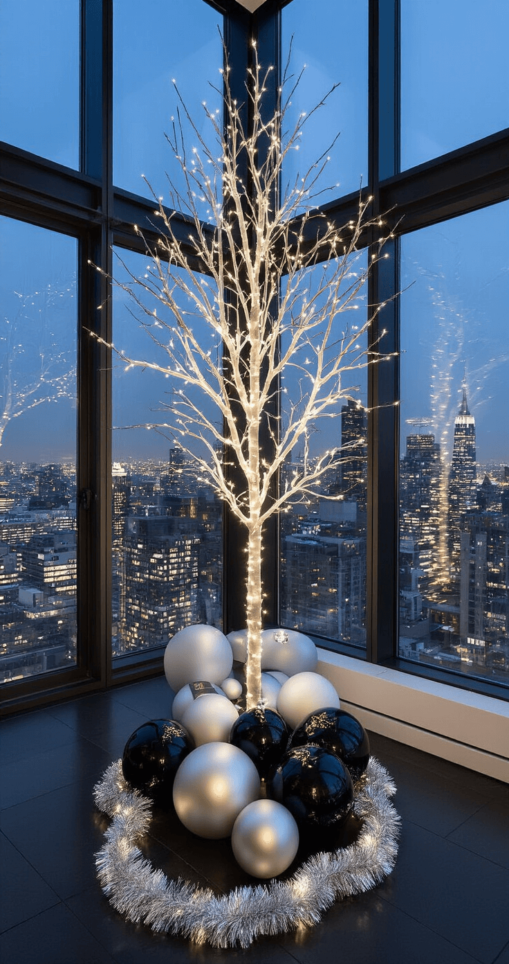 A beautifully decorated urban penthouse at night featuring a large tree with white LED lights, oversized black matte and glossy white ornaments, and silver metallic garland, with twinkling city lights visible through the glass walls.
