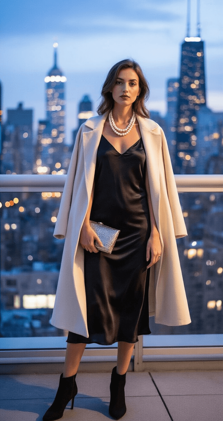 A stylish woman in a black silk slip dress and oversized cream wool cardigan stands on a modern apartment balcony during blue hour, with city lights twinkling in the background. She wears a structured charcoal coat, a statement pearl necklace, suede ankle boots, and holds a metallic clutch, all captured from a slight low angle.
