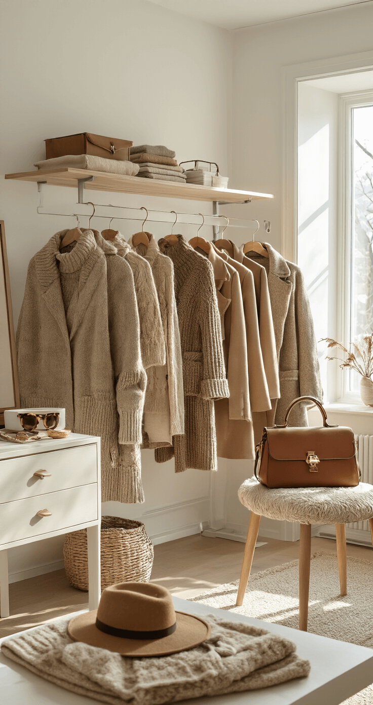 A sunlit Scandinavian home office featuring a clothing rack with earth-tone sweaters, tailored coats, and versatile layers, alongside a vanity displaying tortoiseshell sunglasses, gold jewelry, and neutral leather bags, all highlighted by warm morning light.