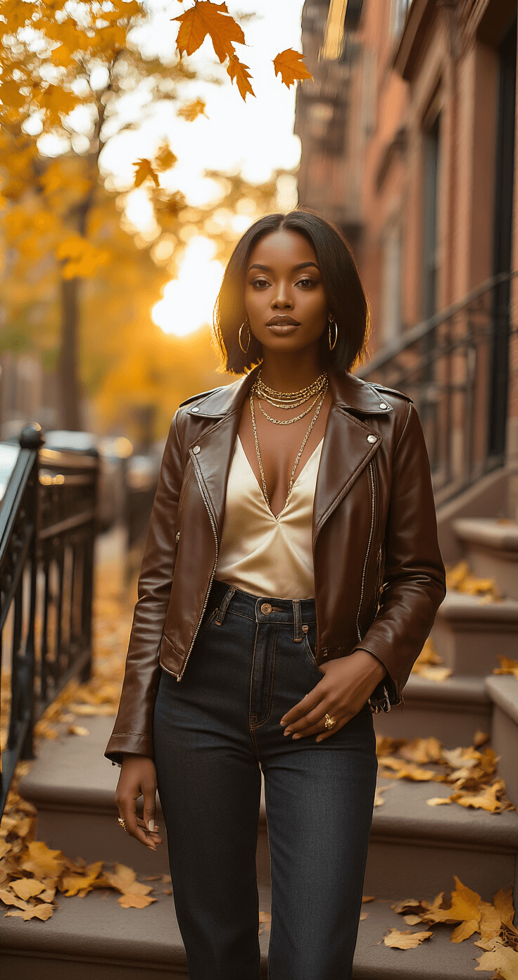 A Black woman in a chocolate brown leather jacket and cream silk bodysuit poses on a sun-drenched Brooklyn brownstone stoop during golden hour, with her sleek bob catching the warm light. She wears high-waisted dark denim, gold layered necklaces, and burgundy suede ankle boots, surrounded by softly blurred falling leaves in an ultra HD urban scene.