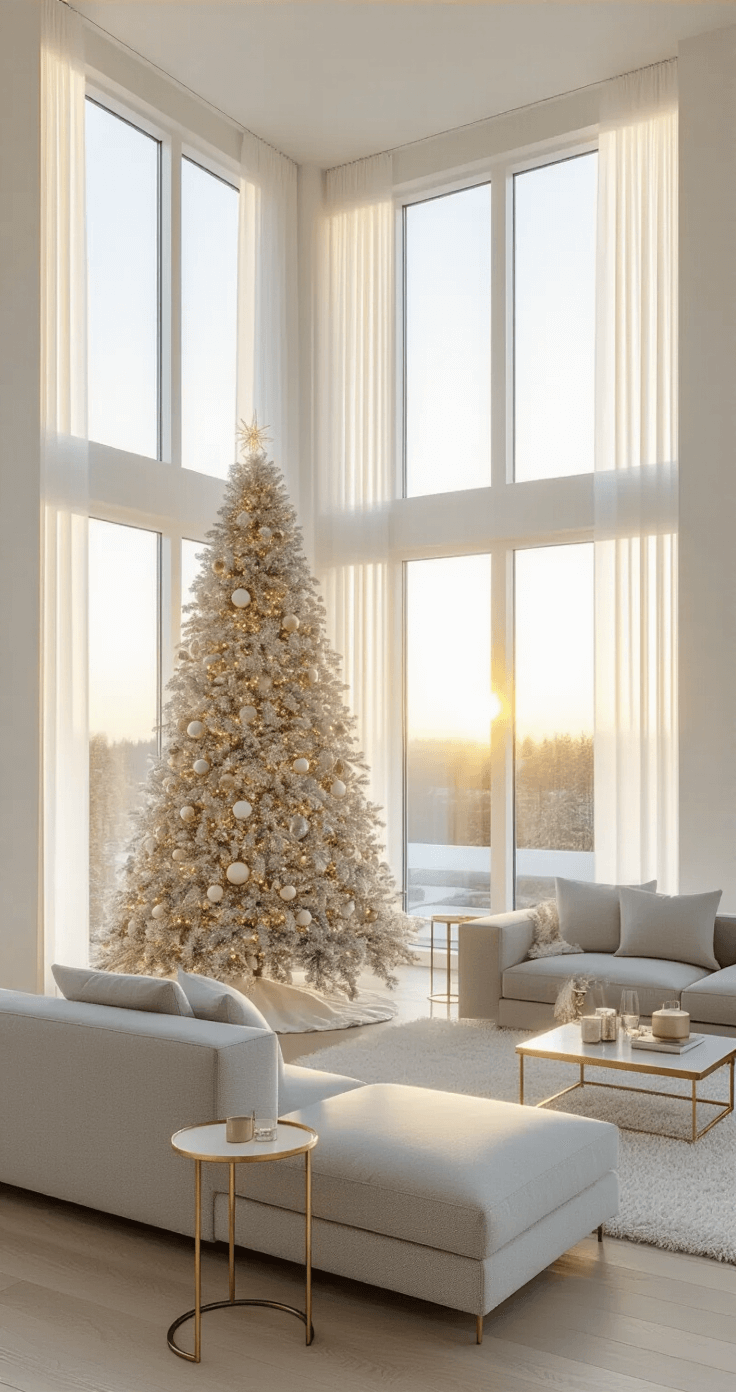 A modern minimalist living room with a tall white flocked Christmas tree decorated in champagne and silver ornaments, illuminated by golden hour sunlight streaming through floor-to-ceiling windows, with a grey sectional and brass side tables, creating a warm and inviting atmosphere.