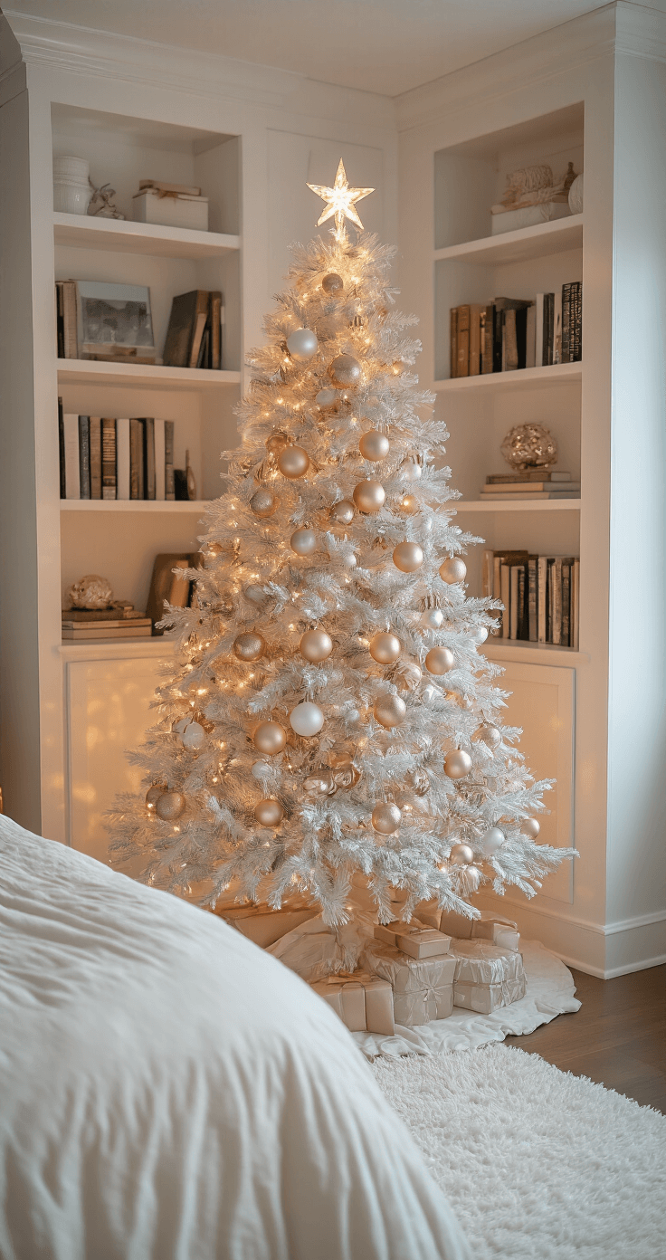 Cozy master bedroom with a 6-foot slim white Christmas tree decorated in rose gold and matte white ornaments, between built-in bookshelves; warm string lights twinkle in blue hour lighting, highlighting plush cream bedding and a white shag rug. Low angle shot emphasizes height, creating an intimate and serene atmosphere.