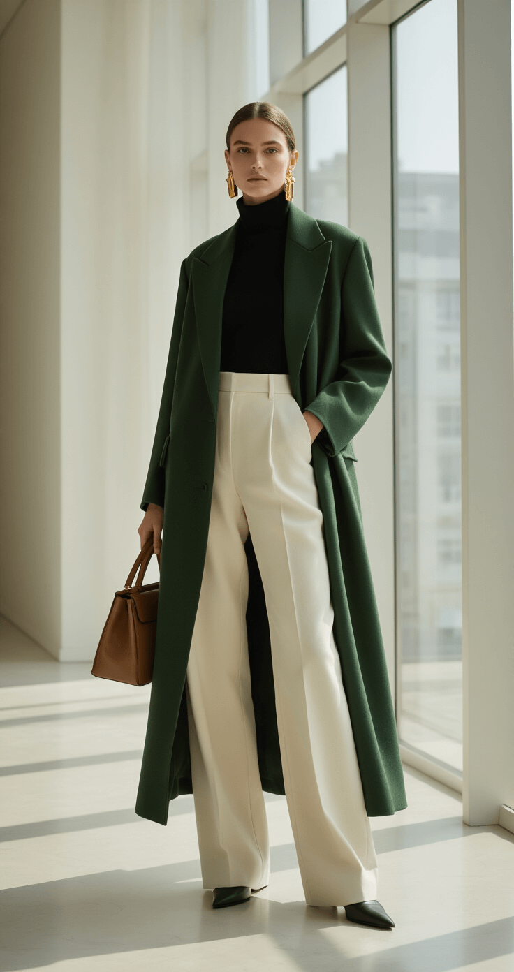 A close-up shot of a sophisticated outfit featuring a forest green oversized blazer over a fitted black turtleneck, paired with wide-leg cream wool trousers, gold statement earrings, and a structured leather handbag, all set in a minimalist white studio space with soft diffused light from floor-to-ceiling windows.