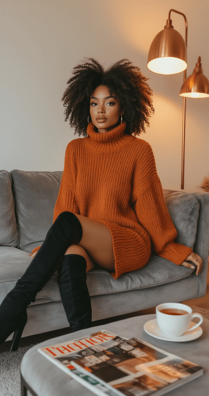 Cozy modern apartment interior at sunset featuring a model in a burnt orange knit sweater dress and black over-the-knee boots, seated on a grey velvet couch. The scene is softly lit by copper floor lamps, highlighting a styled coffee table with fashion magazines and a steaming cup of tea.