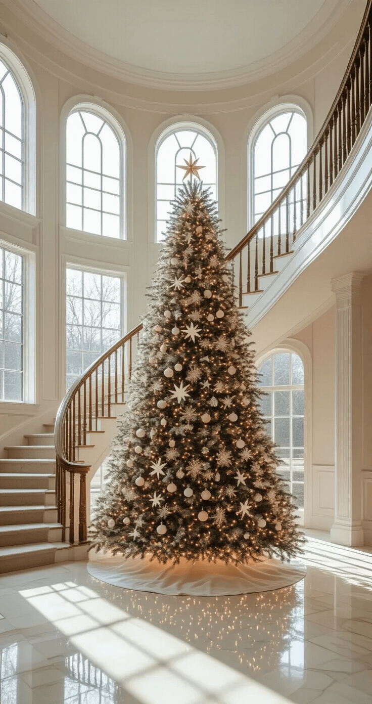 A grand foyer featuring a curved staircase and traditional wainscoting, with a white Christmas tree decorated in Scandinavian style at its center. Natural morning light filters through transom windows, illuminating marble flooring that reflects the tree's glow, captured in a wide-angle shot from the second-story landing.