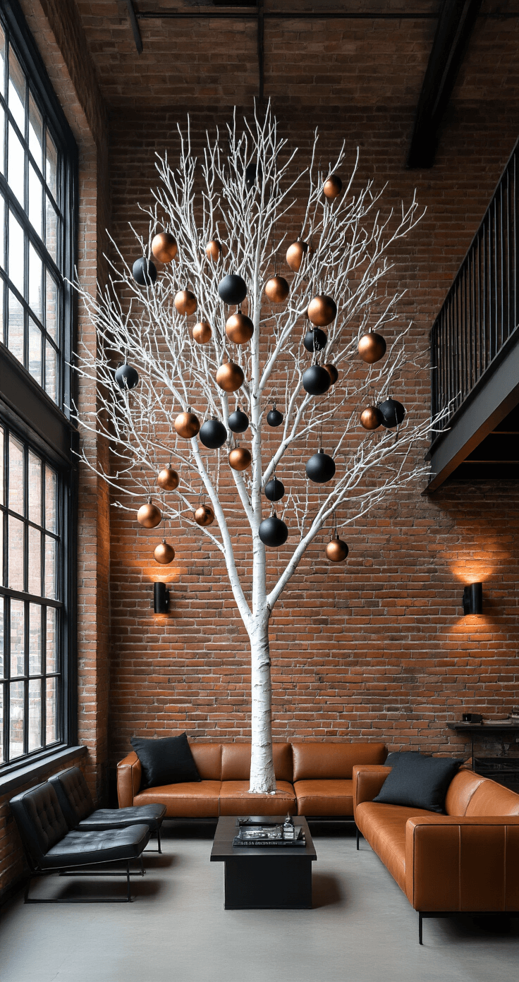 Contemporary open-concept loft featuring exposed brick walls and industrial windows, with an 8-foot white tree decorated in metallic copper and matte black ornaments, cast in dramatic side lighting, and surrounded by black steel furniture and cognac leather seating, captured in a straight-on perspective with shallow depth of field.