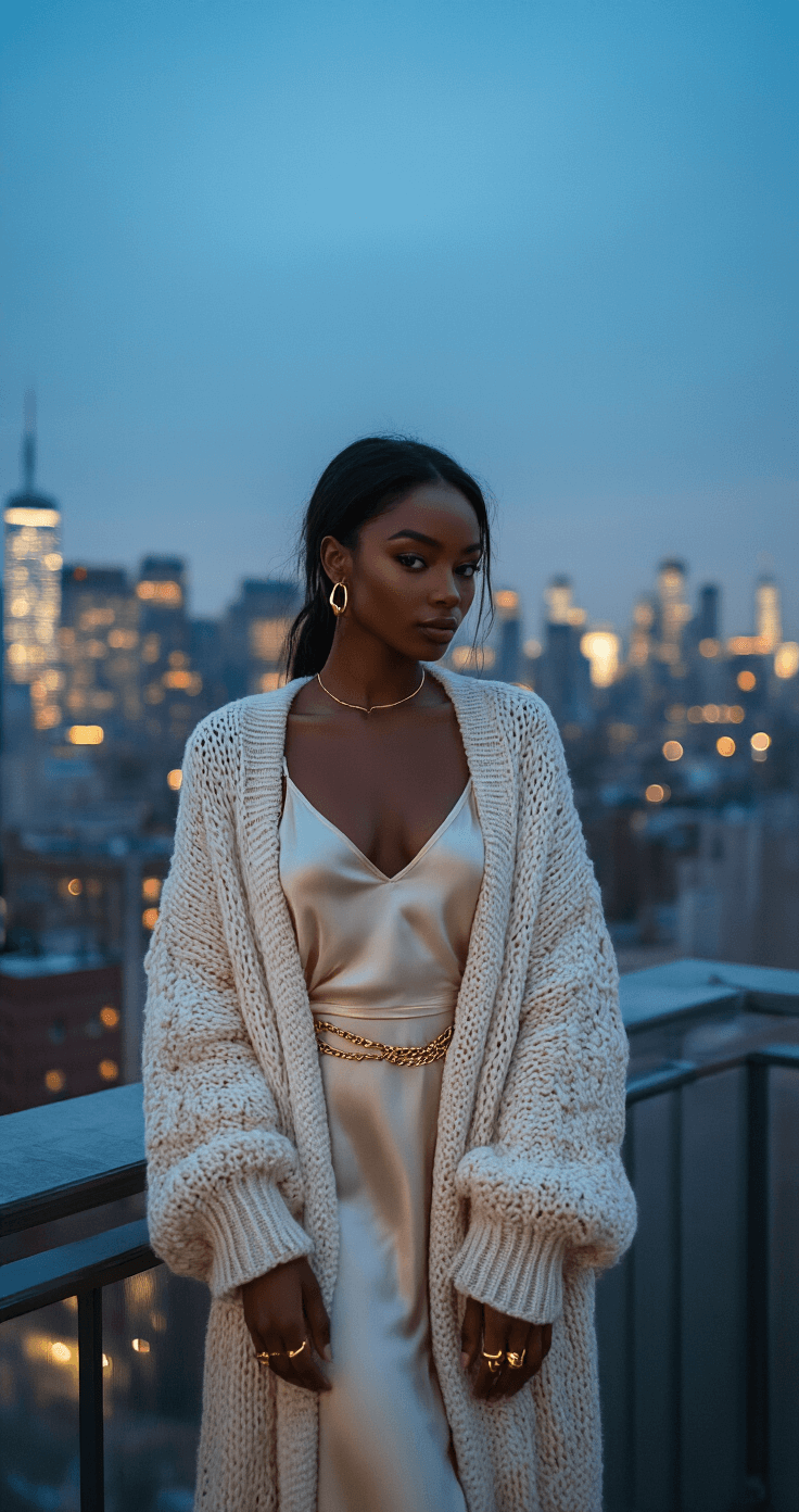 A Black woman wearing a silk slip dress under a chunky cream cardigan poses on an urban rooftop terrace at blue hour, surrounded by twinkling city lights. She accessorizes with gold rings and a delicate chain belt, captured from a slightly lower angle, showcasing the metropolitan skyline in a moody blend of natural and artificial lighting.