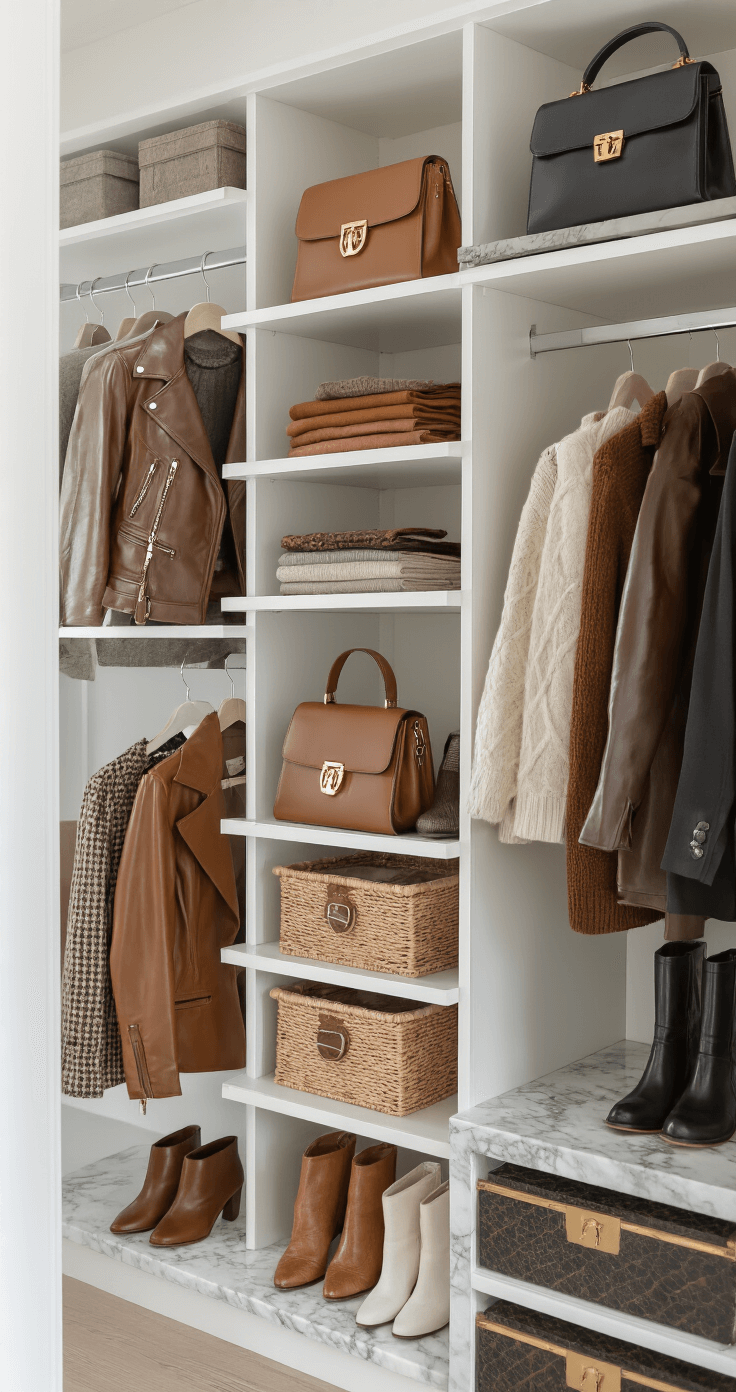 Light-filled walk-in closet showcasing a curated fall capsule wardrobe with leather jackets, blazers, and sweaters in autumn colors, alongside organized accessories like structured bags and gold jewelry on a marble shelf, captured with shallow depth of field.